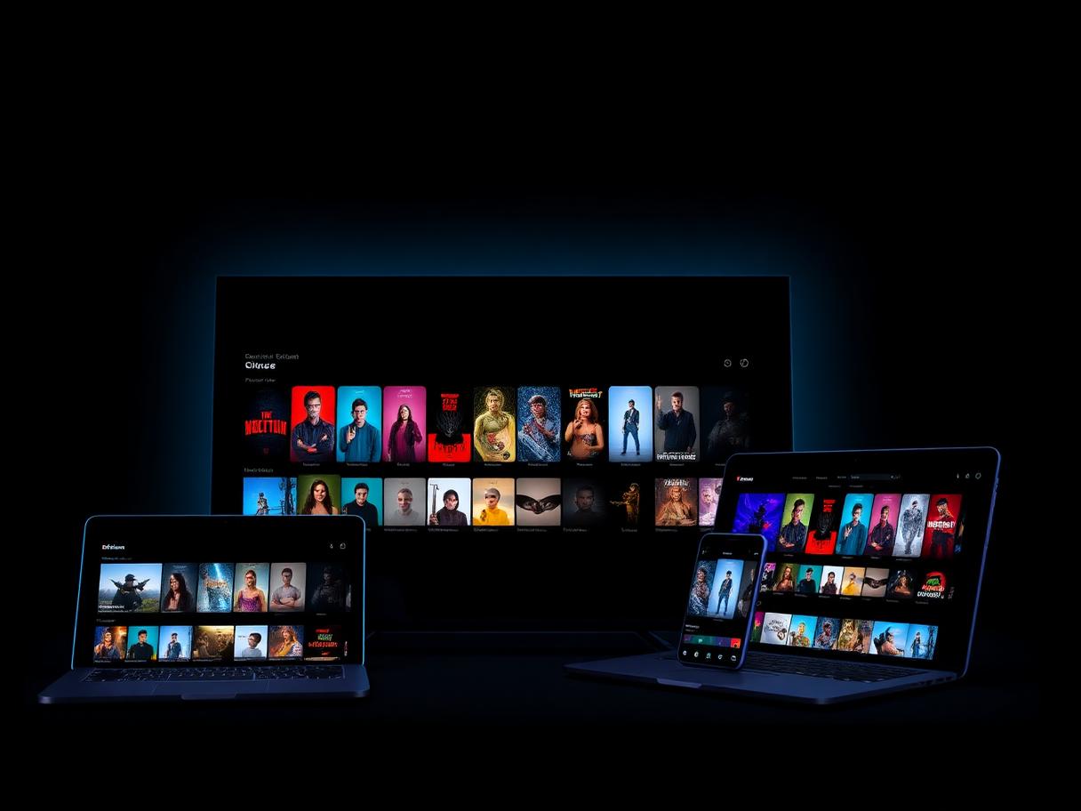 Eagle IPTV streaming interface displayed on a smart TV, laptop, tablet, and smartphone